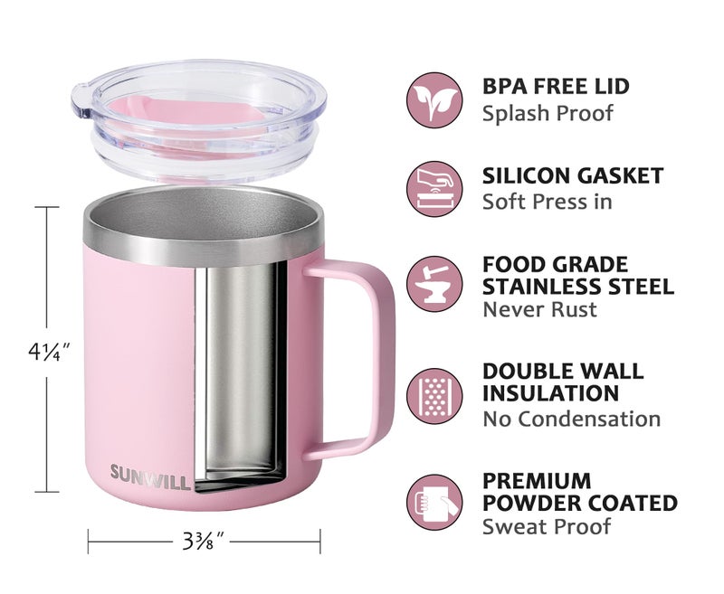 SUNWILL Insulated Coffee Mug with Lid, Travel Tumbler Reusable, 14 oz Stainless Steel Cup for Camping, Office, Home, Powder Coated Sakura - Image 2